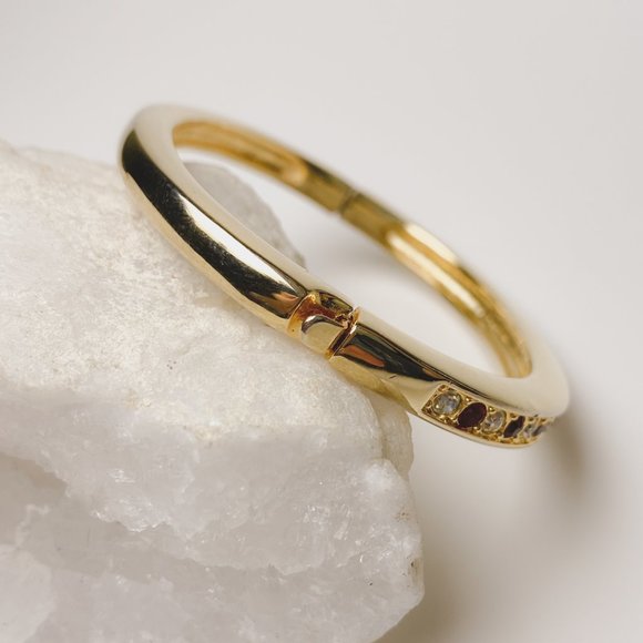 Red Clear Rhinestone Jewel Crystal Gold Tone Clamp Bangle Elegant Bracelet - Picture 4 of 12